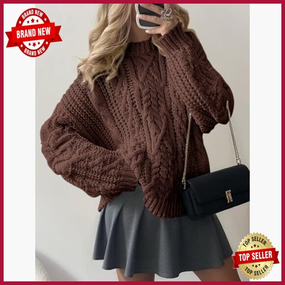 Oversized Cable Knit Pullover Sweater, Chunky Winter Crewneck, Long Sleeve - Picture 4 of 7